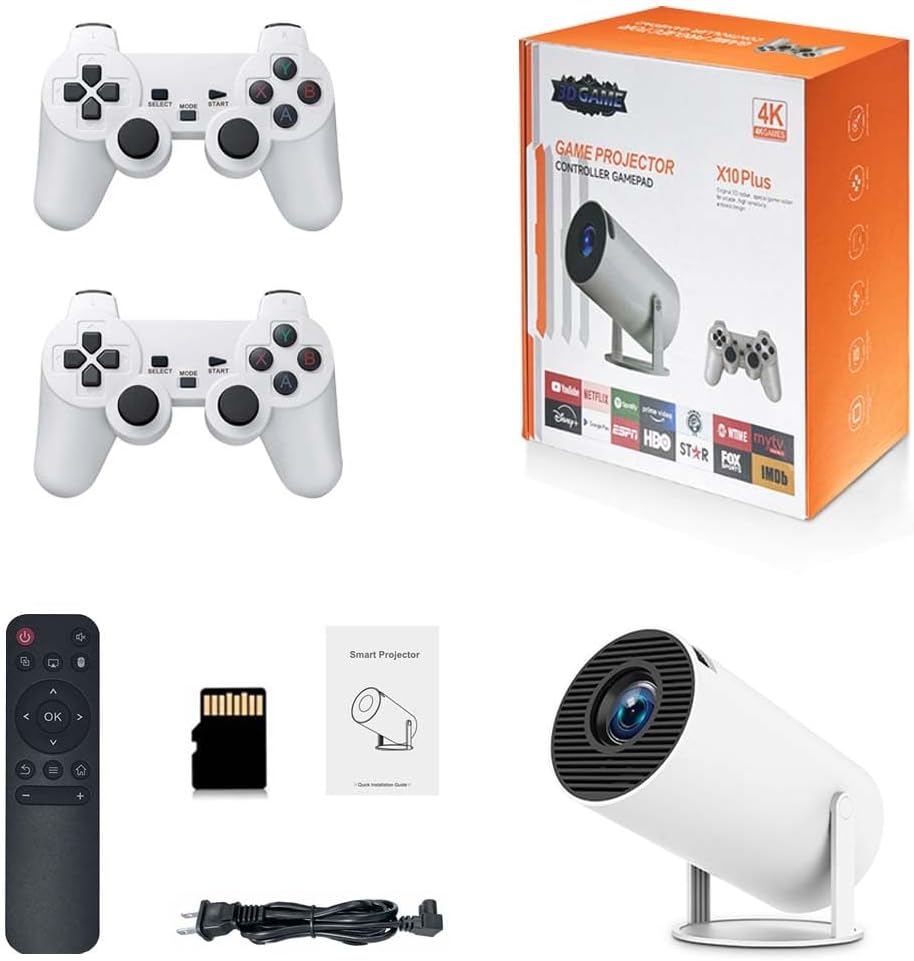 X10 Plus Retro Game Console with Projector, 4K Retro Game Projector with 2 Wireless Controllers, HDMI Output, WIFI