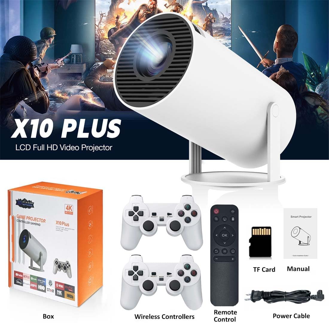 X10 Plus Retro Game Console with Projector, 4K Retro Game Projector with 2 Wireless Controllers, HDMI Output, WIFI